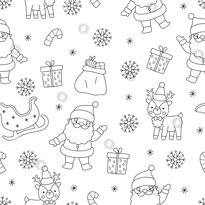 Скачать Векторный черно-белый рождественский бесшовный узор. Фон, повторяющий новогоднюю линию, с Санта-Клаусом, оленями, санями. Симпатичная праздничная цифровая бумага для детей. Раскраска для зимних праздников фотосток Ozero