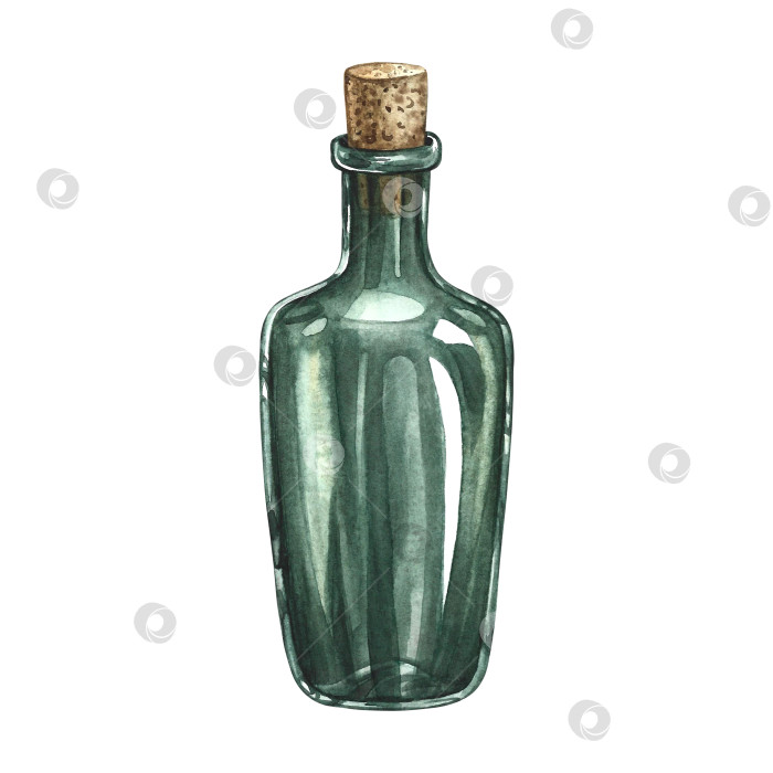 Скачать Стеклянная бутылка алкогольного напитка зеленого цвета. Иллюстрации выполнены акварелью от руки. Цветное изображение. Изолировать. Идеально подходит для создания меню, баннеров, флаеров, упаковки и этикеток фотосток Ozero