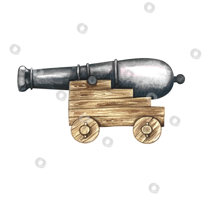 Скачать Старинная пушка пиратского корабля. Иллюстрации выполнены акварелью от руки. Цветное изображение. Изолировать. Корабельная пушка на деревянном лафете, средневековая эпоха. Для украшения детских игр и праздников. фотосток Ozero