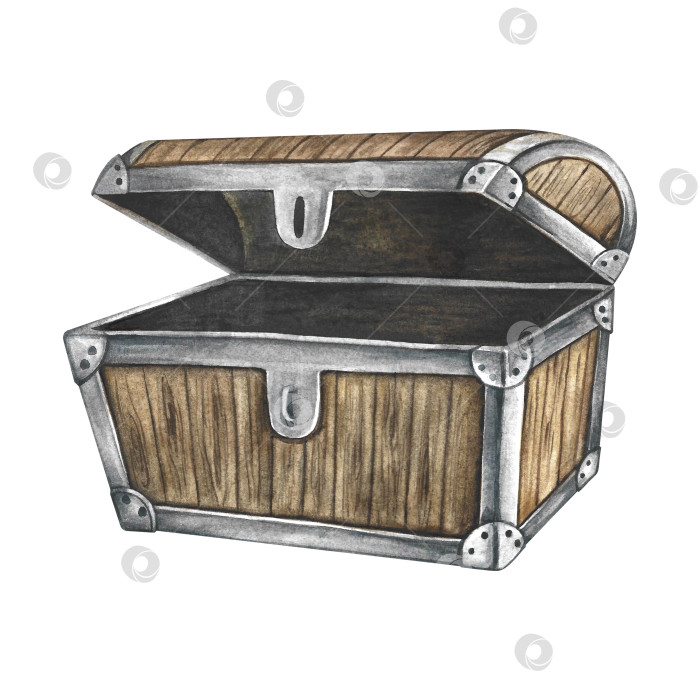 Скачать Пустой открытый сундук. Иллюстрации выполнены акварелью от руки. Цветное изображение. Изолировать. Для украшения детских игр и праздников. Для наклеек, пригласительных открыток, плакатов и баннеров, упаковки и многого другого. фотосток Ozero