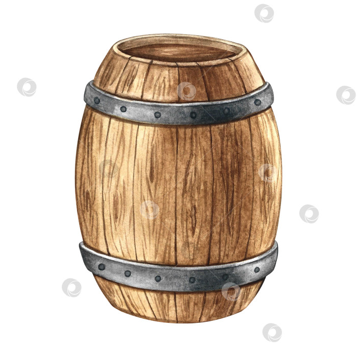 Скачать Деревянная бочка. Иллюстрации выполнены акварелью от руки. Цветное изображение. Изолировать. Старый деревянный бочонок для алкоголя, вина, пива или виски. Отлично подходит для меню паба или ресторана, этикетки, плаката, логотипа. фотосток Ozero