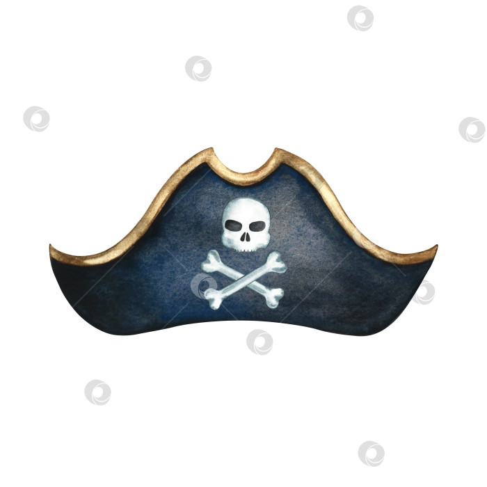 Скачать Пиратская треуголка. Иллюстрации выполнены акварелью от руки. Цветное изображение. Изолировать. Для детских игр и праздников. Для наклеек, пригласительных билетов, плакатов и баннеров, упаковки и многого другого. фотосток Ozero