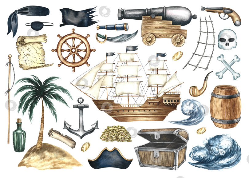 Скачать Остров сокровищ. Средневековое морское путешествие. Акварельные иллюстрации, выполненные от руки. Цветное изображение. Фрагменты. Старинный корабль с парусами и сундуком с сокровищами, карта, пиратская треуголка и послание в бутылке. фотосток Ozero