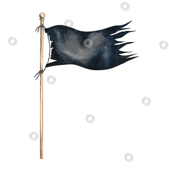 Скачать Старый порванный флаг на шесте. Иллюстрации выполнены акварелью от руки. Цветное изображение. Изолировать. Элементы дизайна для игр, наклеек, плакатов, баннеров, упаковки и многого другого. фотосток Ozero