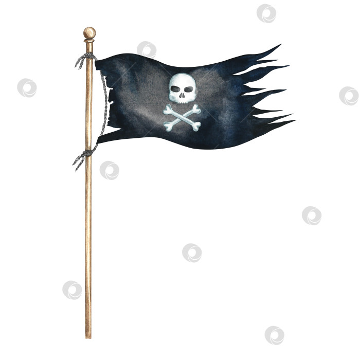 Скачать Старый порванный пиратский флаг. Иллюстрации выполнены акварелью от руки. Цветное изображение. Изолировать. Для детских игр и праздников. Для наклеек, пригласительных билетов, плакатов и баннеров, упаковки и многого другого. фотосток Ozero