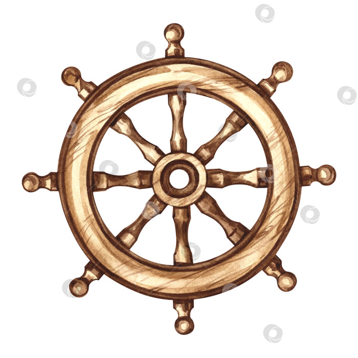 Скачать Корабельный штурвал. Иллюстрации выполнены акварелью от руки. Цветное изображение. Изолировать. Для украшения детских игр и праздников. Для наклеек, пригласительных открыток, плакатов и баннеров, упаковки и многого другого. фотосток Ozero