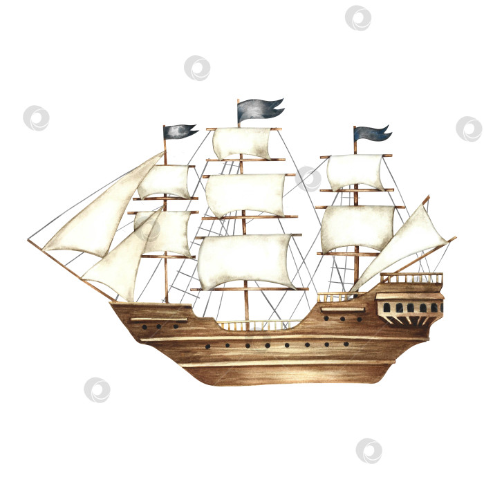 Скачать Старинный корабль с парусами. Иллюстрации выполнены акварелью от руки. Цветное изображение. Изолировать. Для детских игр и праздников. Для наклеек, пригласительных билетов, плакатов и баннеров, упаковки и многого другого. фотосток Ozero