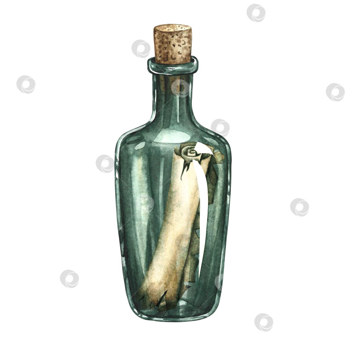 Скачать Свиток в бутылке из-под рома. Иллюстрации выполнены акварелью от руки. Цветное изображение. Изолировать. Для детских игр и праздников. Для наклеек, пригласительных билетов, плакатов и баннеров, упаковки и многого другого. фотосток Ozero