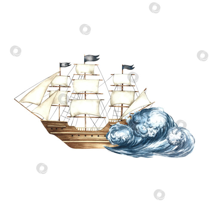 Скачать Старинный корабль с парусами на морской волне. Иллюстрации выполнены акварелью от руки. Цветное изображение. Изолировать. Для детских игр и праздников. Для наклеек, пригласительных билетов, плакатов и баннеров, упаковки. фотосток Ozero