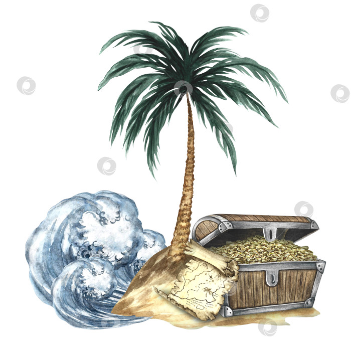 Скачать Остров сокровищ. Иллюстрации выполнены акварелью от руки. Цветное изображение. Изолировать. Старинный сундук с золотыми монетами на острове под пальмой. Для детских игр, праздников, наклеек, плакатов, баннеров. фотосток Ozero