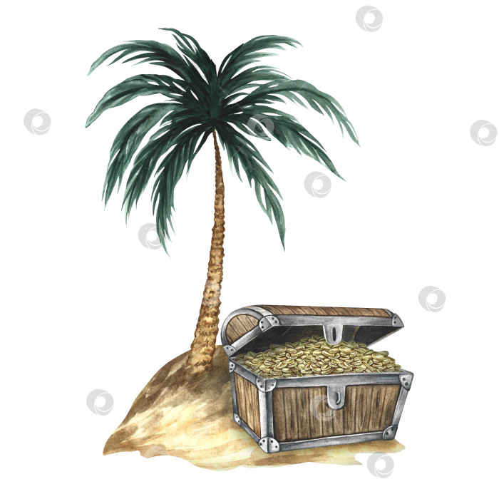 Скачать Остров сокровищ. Иллюстрации выполнены акварелью от руки. Цветное изображение. Изолировать. Старинный сундук с золотыми монетами на острове под пальмой. Для детских игр, праздников, наклеек, плакатов, баннеров. фотосток Ozero