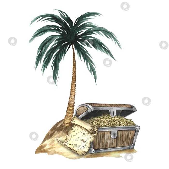 Скачать Остров сокровищ. Иллюстрации выполнены акварелью от руки. Цветное изображение. Изолировать. Старинный сундук с золотыми монетами на острове под пальмой. Для детских игр, праздников, наклеек, плакатов, баннеров. фотосток Ozero
