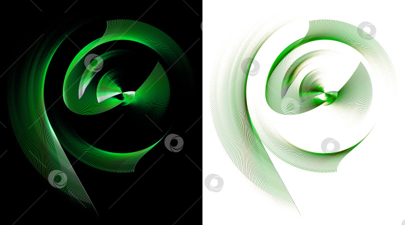 Скачать Многослойные лопасти пропеллера в зеленую полоску вращаются на черно-белом фоне. Иконка, логотип, символ, вывеска. Набор. 3D-рендеринг. 3D-иллюстрация. фотосток Ozero