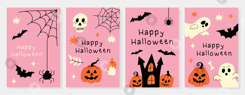 Скачать Набор розовых открыток "Счастливый Хэллоуин" с тыквами и привидениями фотосток Ozero