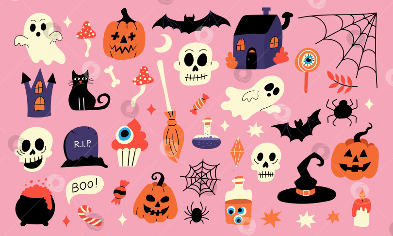 Скачать Набор розовых каракулей на Хэллоуин с привидениями тыквами и летучими мышами фотосток Ozero
