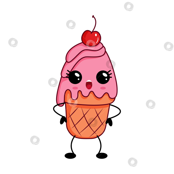 Скачать Кавайный персонаж счастливого розового мороженого с вишенкой сверху фотосток Ozero
