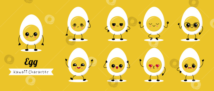 Скачать Набор кавайных персонажей Egg с милыми забавными выражениями лица фотосток Ozero