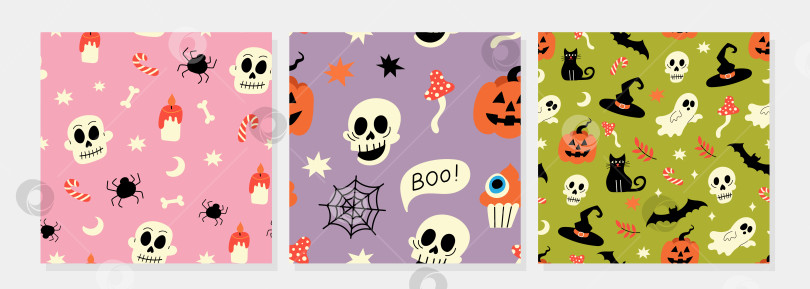 Скачать Бесшовный узор на Хэллоуин с черепами тыквами и привидениями фотосток Ozero