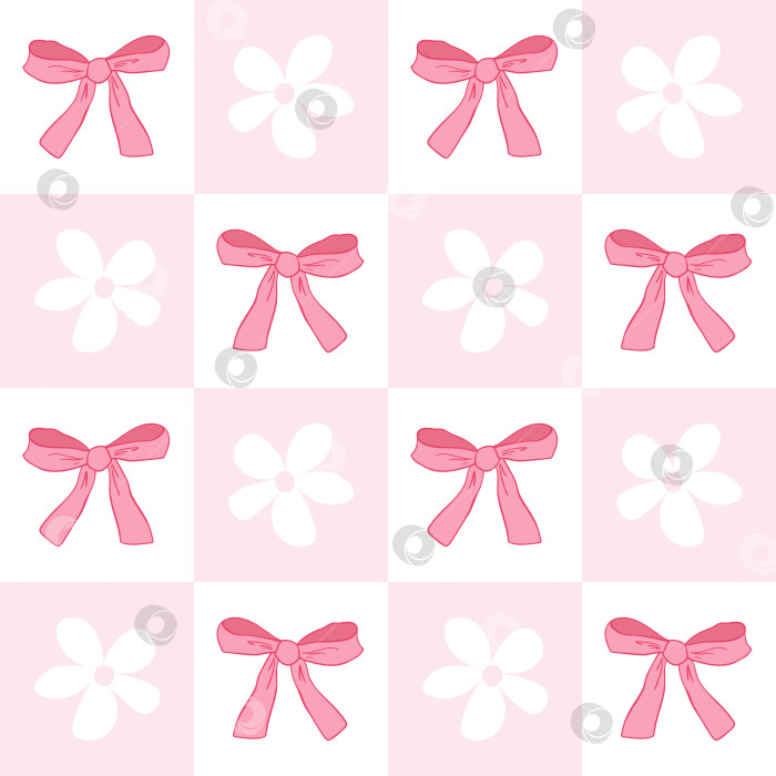 Скачать Бантики из розовой ленты, нарисованные вручную на клетчатом фоне. Бесшовный узор с бантиками и цветами фотосток Ozero
