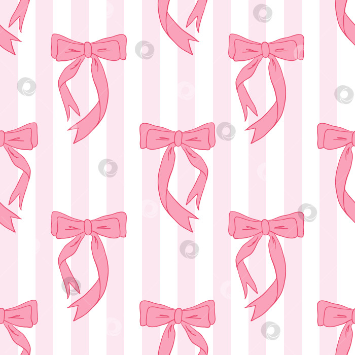 Скачать Узор из очаровательных лент и бантиков в кокетливом стиле на фоне в белую и розовую полоску. фотосток Ozero