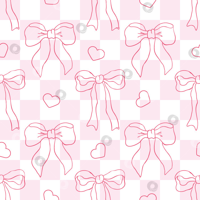 Скачать Забавный фон в виде шахматной доски с кокетливыми бантиками и сердечком. Винтажная иллюстрация в нежных розовых тонах фотосток Ozero