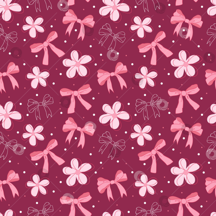 Скачать Узор с бантиками из розовой ленты и цветами на темном фоне. Очаровательный, кокетливый шик, женственный дизайн, концепция викторианского стиля фотосток Ozero