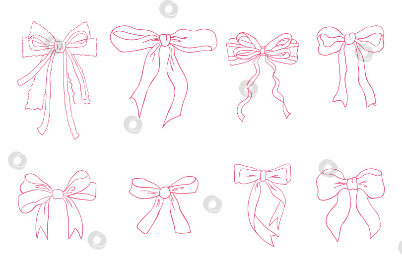 Скачать Коллекция бантиков из розовой ленты в стиле милой кокетки. Отдельные винтажные элементы в девчачьем стиле. Линейная иллюстрация в виде каракулей фотосток Ozero