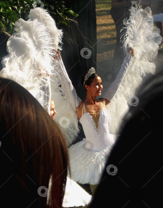 Скачать ВОРОНЕЖ / РОССИЯ – 5 сентября 2019 года: Улыбающаяся девушка-балерина в костюме с крыльями из белых перьев танцует во время представления на открытом воздухе. фотосток Ozero