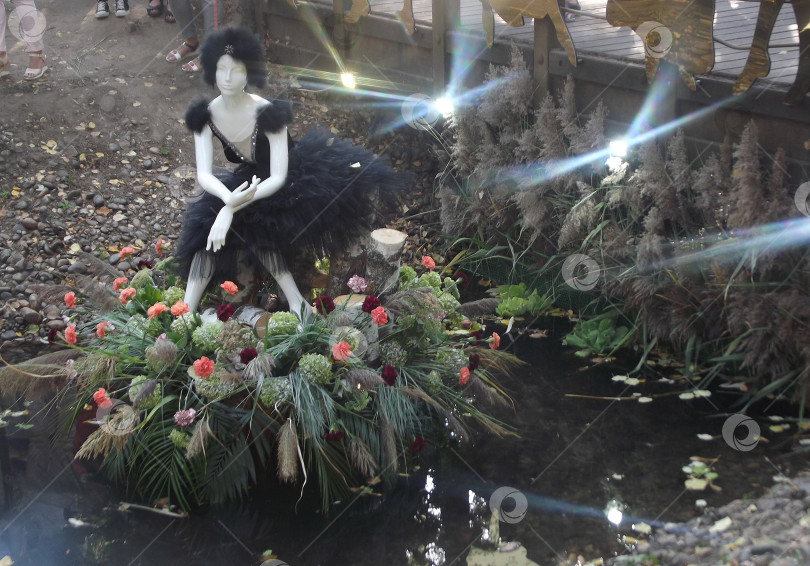 Скачать ВОРОНЕЖ / РОССИЯ – 5 сентября 2019 года: Манекен балерины, одетый в черную пачку, сидит среди цветов в качестве садовой инсталляции. фотосток Ozero