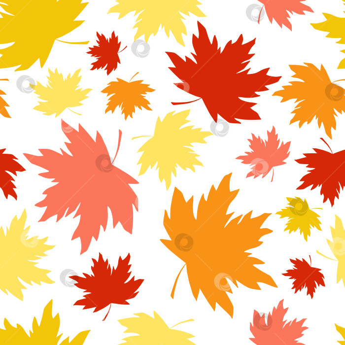 Скачать Бесшовный узор из падающих кленовых листьев. Цветной силуэт листвы acer на безграничном фоне. Текстура бесконечного падения. Красные, желтые, оранжевые осенние листья - милый красочный повторяющийся дизайн поверхности фотосток Ozero