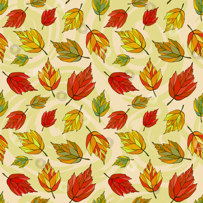 Скачать Бесшовный узор из падающих осенних листьев. Бескрайний фон из разноцветной листвы. Яркая осенняя текстура. Красные, желтые, оранжевые, зеленые, коричневые листья повторяют дизайн поверхности. Красочный осенний фон. фотосток Ozero