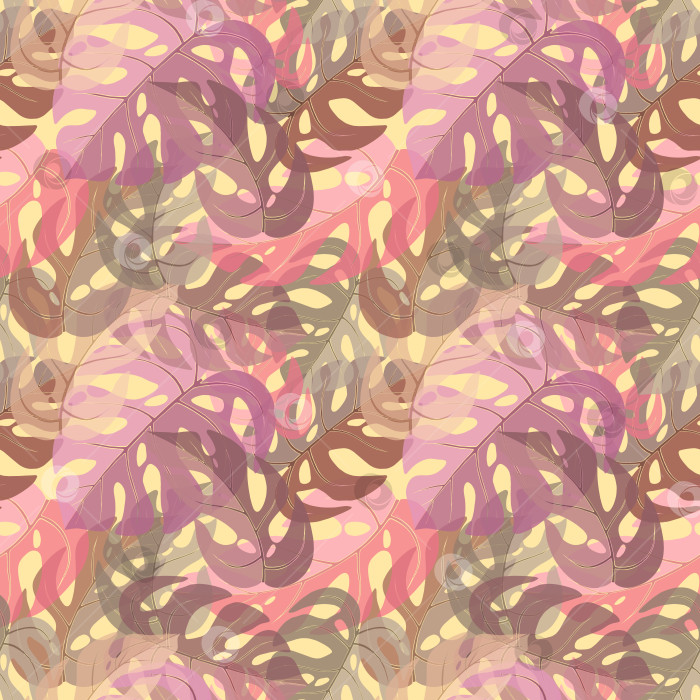 Скачать Фиолетовые и розовые листья монстеры образуют неровный бесшовный узор. Повторяющаяся в произвольном порядке цветочная тропическая текстура бесконечности. Экзотический пастельный фон безграничности. Растения летнего рая повторяют дизайн поверхности фотосток Ozero