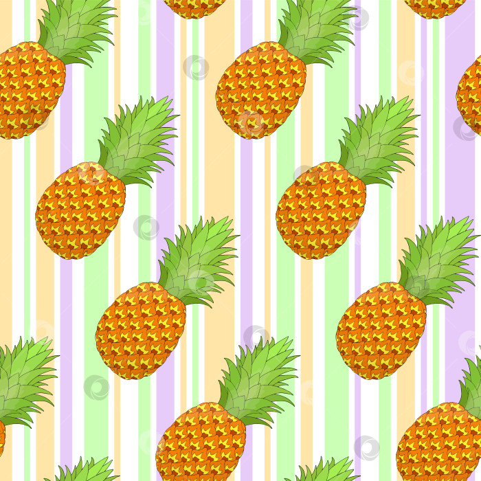 Скачать Бесшовный узор в виде ананаса на полосатом фоне. Тропический фрукт, повторяющий бесконечную текстуру. Вкусный безграничный фон. Дизайн поверхности для приготовления пищи. Редактируемая плитка для текстиля, одежды, оберточной бумаги фотосток Ozero