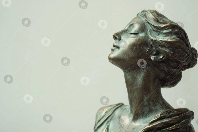 Скачать Элегантная бронзовая скульптура женщины с закрытыми глазами, наслаждающейся спокойствием в минималистской обстановке, copy space. Генеративный искусственный интеллект фотосток Ozero