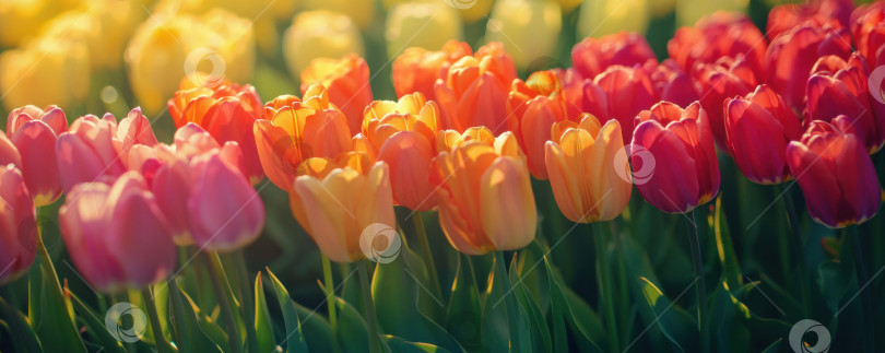 Скачать Баннер с ярким садом тюльпанов, демонстрирующим разнообразие цветов во время весеннего цветения. Генеративный искусственный интеллект фотосток Ozero