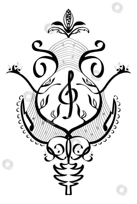 Скачать Рисованный от руки узор со скрипичным ключом, нотами, паузами в стиле древнерусской росписи. фотосток Ozero