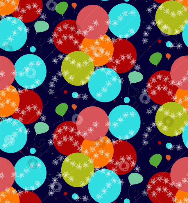 Скачать На синем фоне изображен векторный узор из ярких круглых цветных пятен, воздушных шаров, снежинок. фотосток Ozero