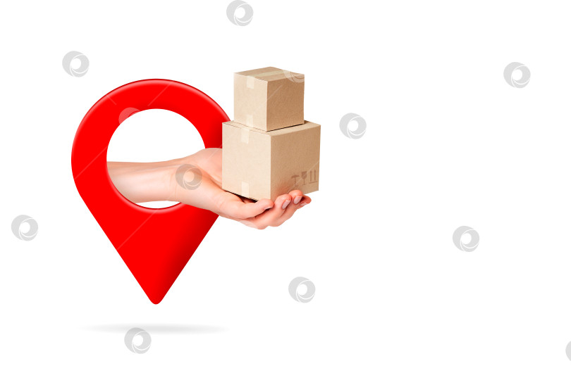 Скачать Значок места доставки, рука с посылкой, последняя миля, белый фон фотосток Ozero