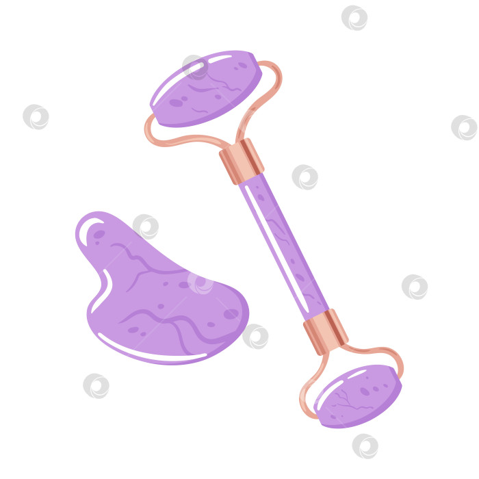 Скачать Симпатичный кавайный рисунок скребка и валика gua sha, выполненный в мягких пастельных тонах, с дружелюбными лицами и глянцевыми вставками, создает благоприятную атмосферу для ухода за кожей. фотосток Ozero