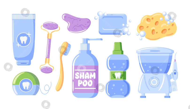 Скачать Векторный набор предметов для утреннего ухода за собой, включая тюбик зубной пасты, зубную щетку, зубную нить, жидкость для полоскания рта, ирригатор для полости рта, мочалку, мыло и шампунь. скребок и валик gua sha фотосток Ozero