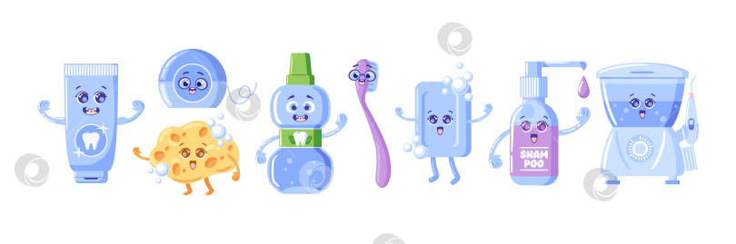 Скачать векторный набор кавайных предметов для утреннего ухода за собой, включая тюбик зубной пасты, очаровательную зубную щетку, забавную зубную нить, удобный ополаскиватель для рта, ирригатор для полости рта, мочалку, мыло и шампунь. фотосток Ozero