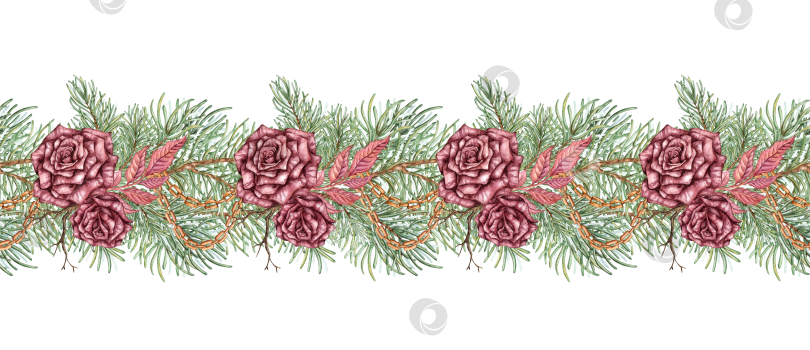 Скачать Горизонтальный акварельный узор из роз и еловых веток фотосток Ozero