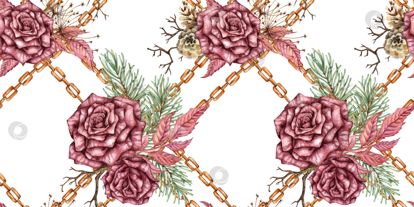 Скачать Розы сосновые цепочки узор из шишек акварелью фотосток Ozero