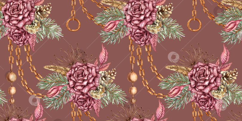 Скачать Розы еловые подвески цепочки в стиле стимпанк темно-розовая акварель фотосток Ozero
