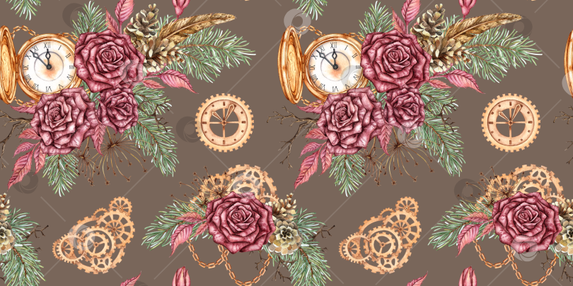 Скачать Розы Сосновые Часовые механизмы с рисунком стимпанк Темно-серая акварель фотосток Ozero