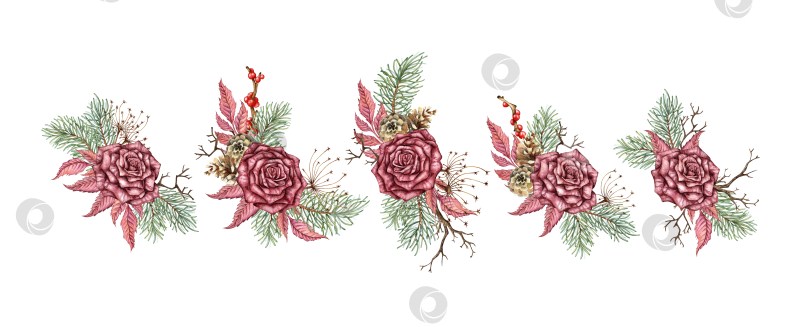 Скачать Букеты роз с сосновыми шишками, выполненные акварелью фотосток Ozero