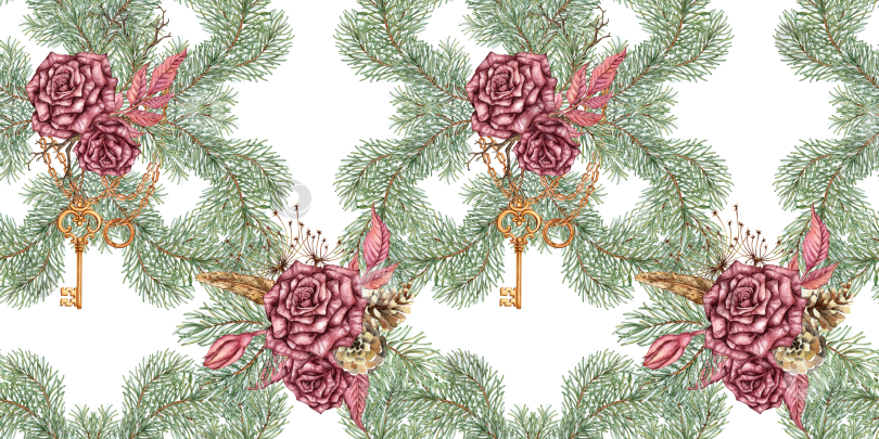 Скачать Розы и еловая цепочка для ключей с рисунком акварелью фотосток Ozero