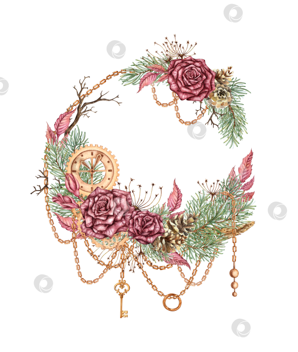 Скачать Венок из роз, сосновая цепочка, акварель в стиле стимпанк фотосток Ozero