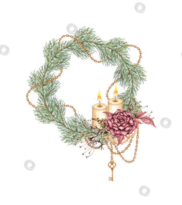 Скачать Венок из роз, сосновых свечей, ключ в стиле стимпанк, акварель фотосток Ozero