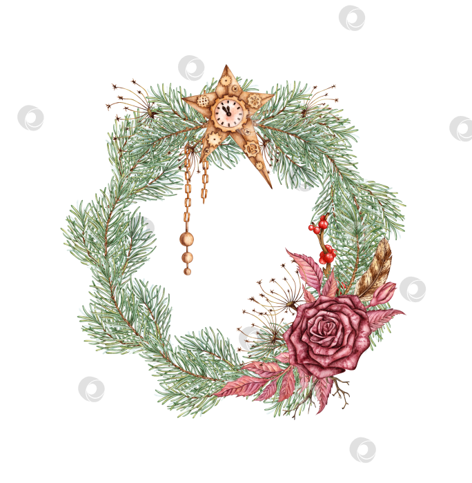 Скачать Венок из роз, сосновая звезда, акварель в стиле стимпанк фотосток Ozero